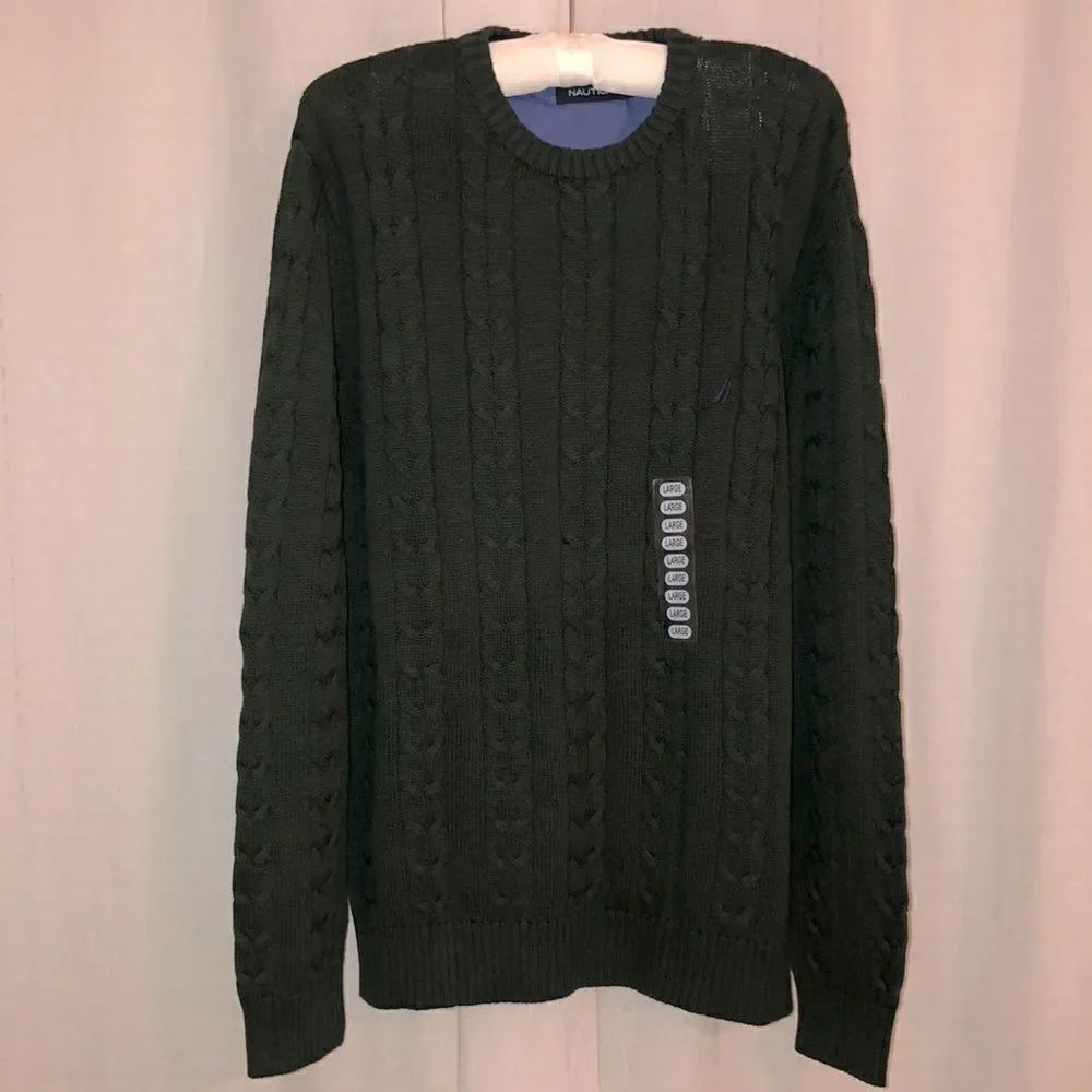Nautica L Cotton Emerald Green Cable Knit Crewneck Sweater